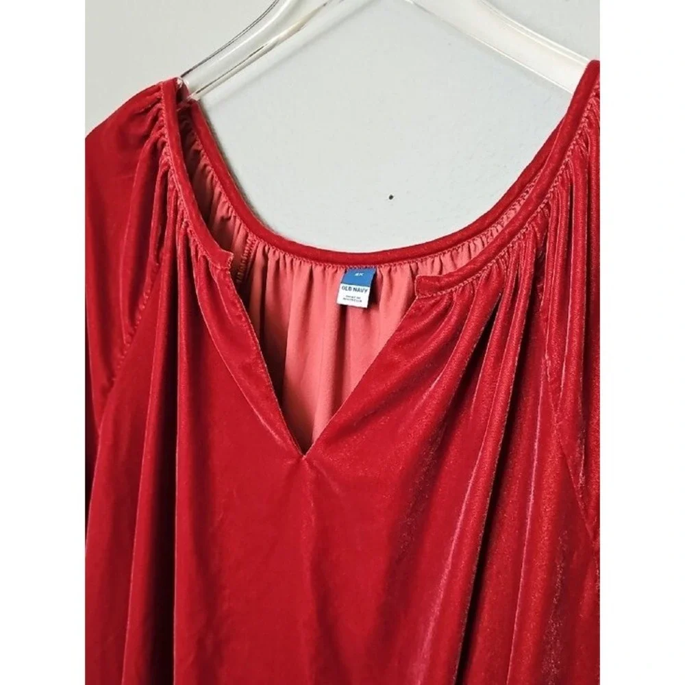 Old Navy Red Velvet Puff Sleeve Split V-Neck Blouse Top Plus Size 2X
